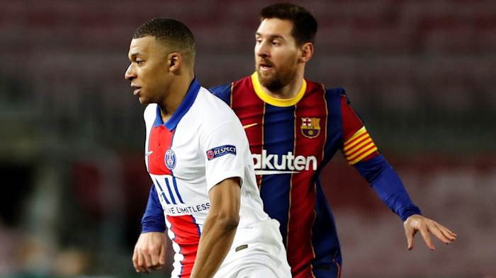 PSG's Kylian Mbappe and Barcelona's Lionel Messi in the Champions League